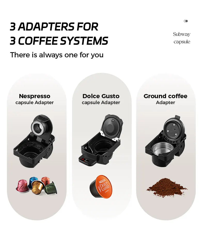 Máquina de café 3 em 1 - cápsulas Nespresso, Dolce Gusto ou café moído - 19Bar