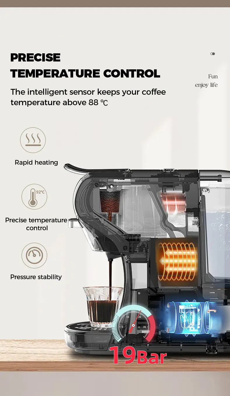 Máquina de café 3 em 1 - cápsulas Nespresso, Dolce Gusto ou café moído - 19Bar