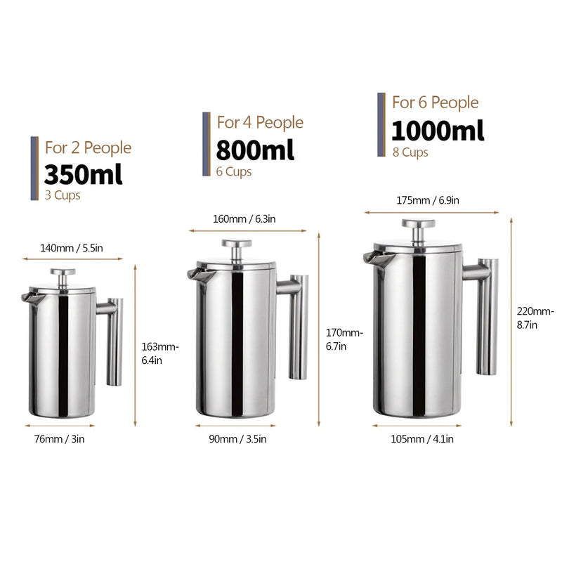 Prensa francesa de aço inoxidável 350ml/800ml/1000ml